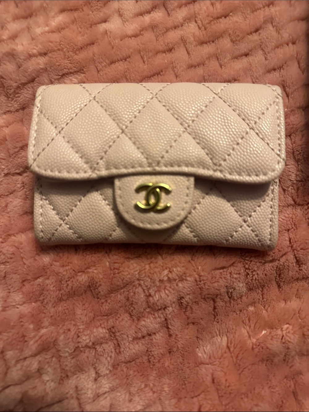 CHANEL Quilted Card Case in Light Pink with Gold CC